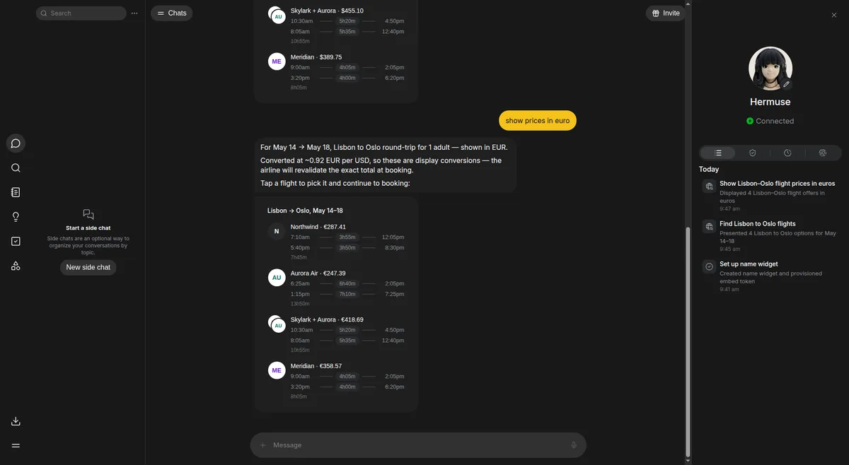 The Hermuse desktop app on a laptop: the conversation with the flight results, and the Activity panel at the right.