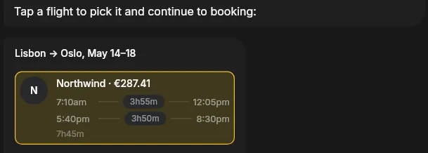 Hermuse asks you to tap a flight to pick it before booking; the Northwind flight from Lisbon to Oslo, €287.41, is selected.