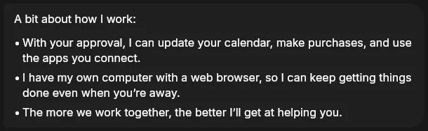 Hermuse explaining how it works: with your approval it can update your calendar, make purchases and use the apps you connect; it has its own computer with a web browser; it gets better the more you work together.