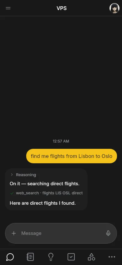 The Hermuse app on a phone: a chat with a request for direct flights from Lisbon to Oslo, the agent searching, and the tab bar at the bottom.